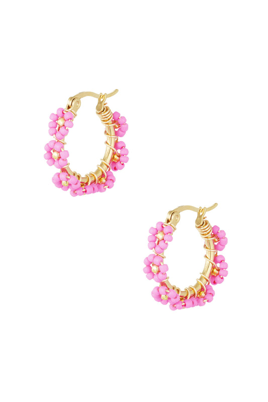 Oorbellen Stainless steel glass beads circle - Fuchsia