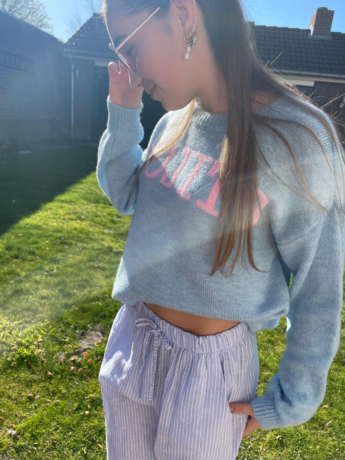 Blauwe gebreide trui